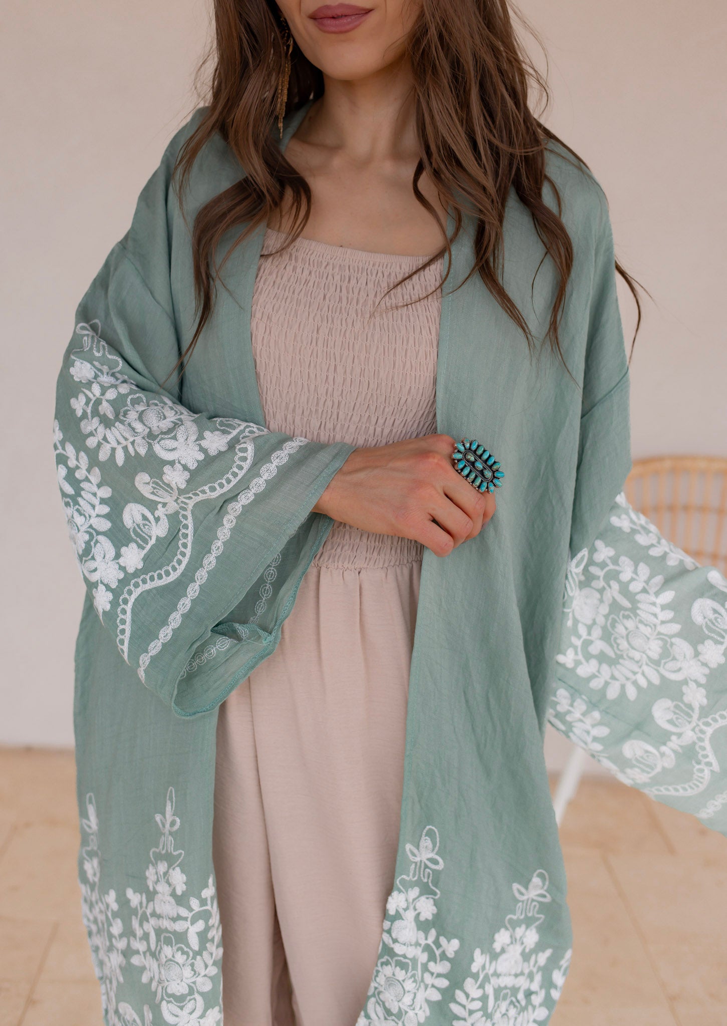 Embroidered Floral Vine Lightweight Kimono - Image 4