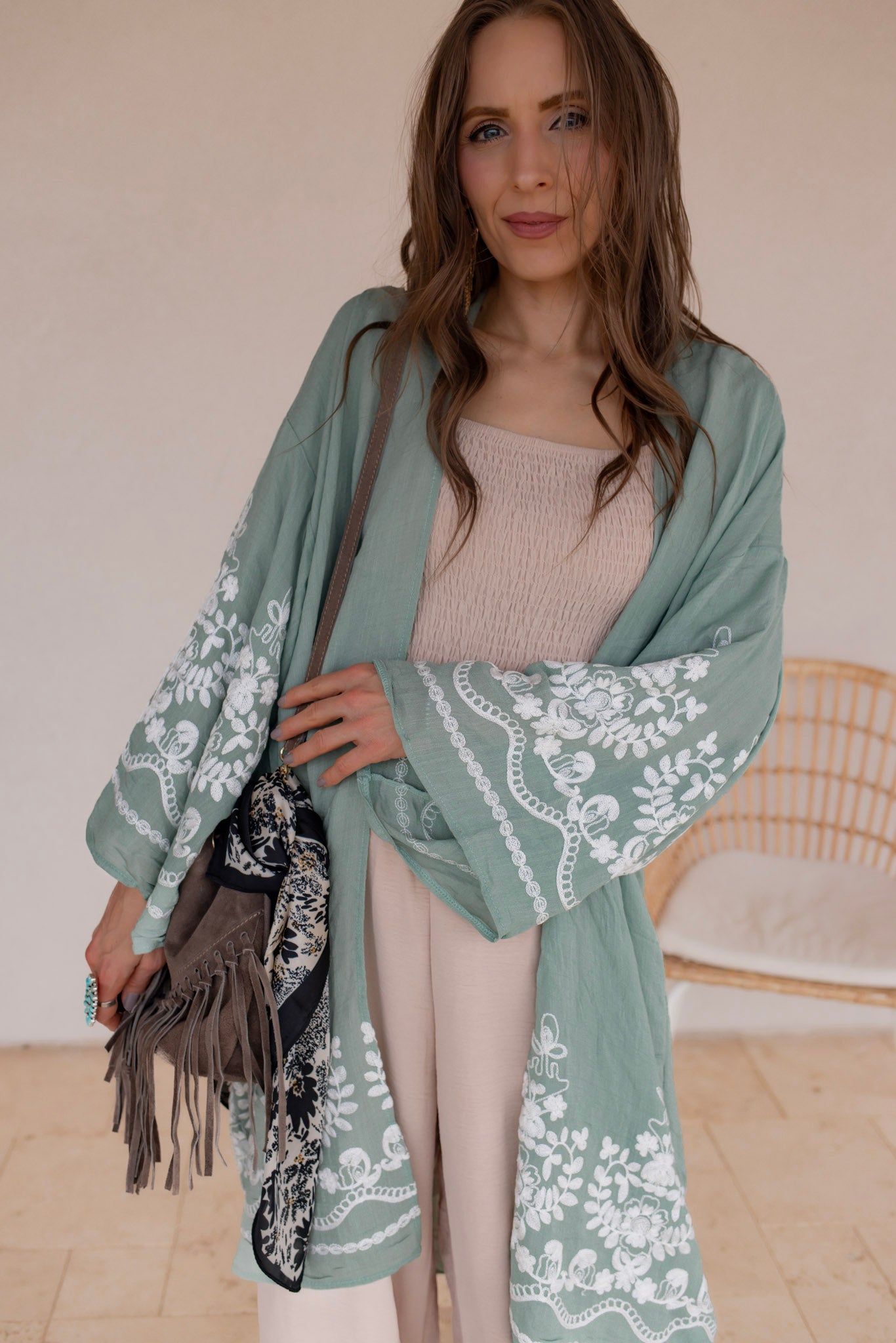 Embroidered Floral Vine Lightweight Kimono - Image 5