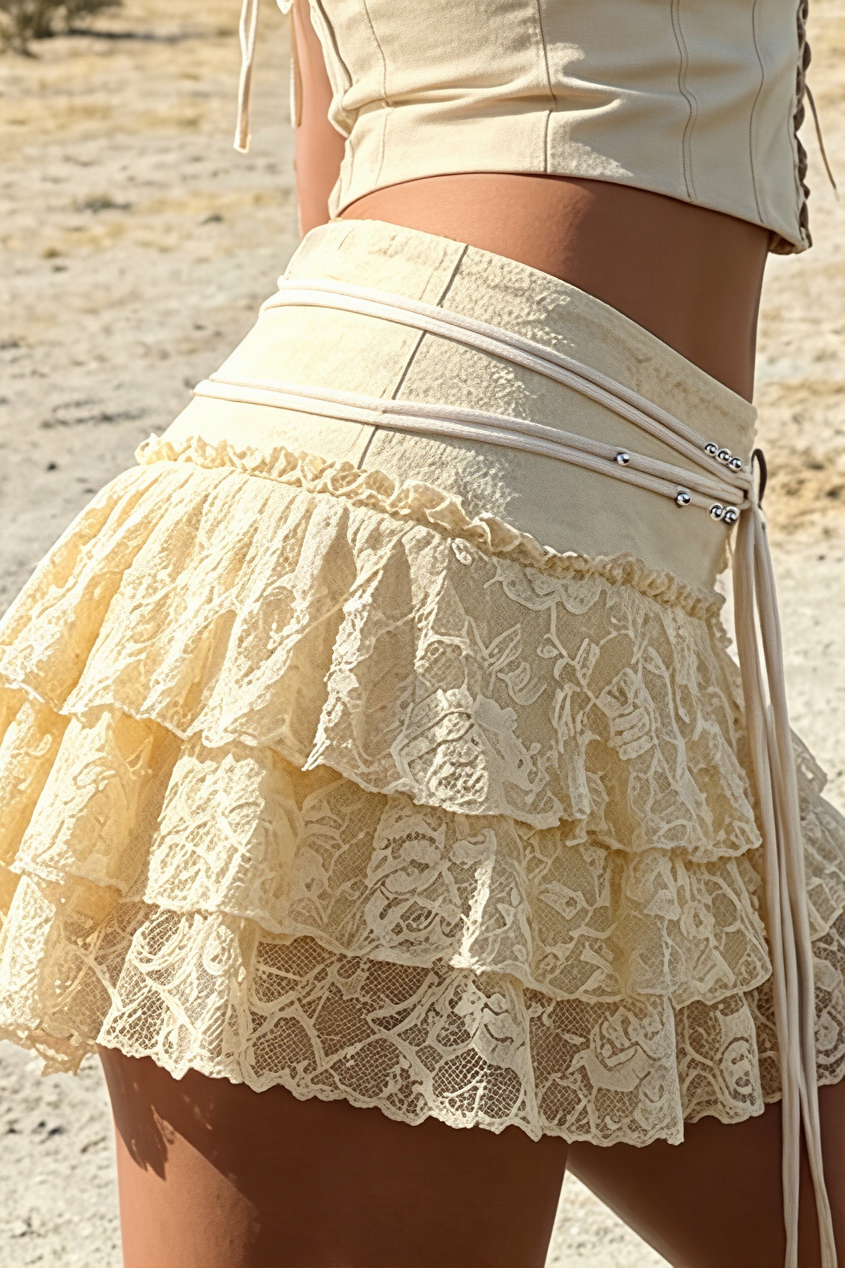 Chic Lace Drawstring Ruffle Tiered Mini Skirt - Image 3