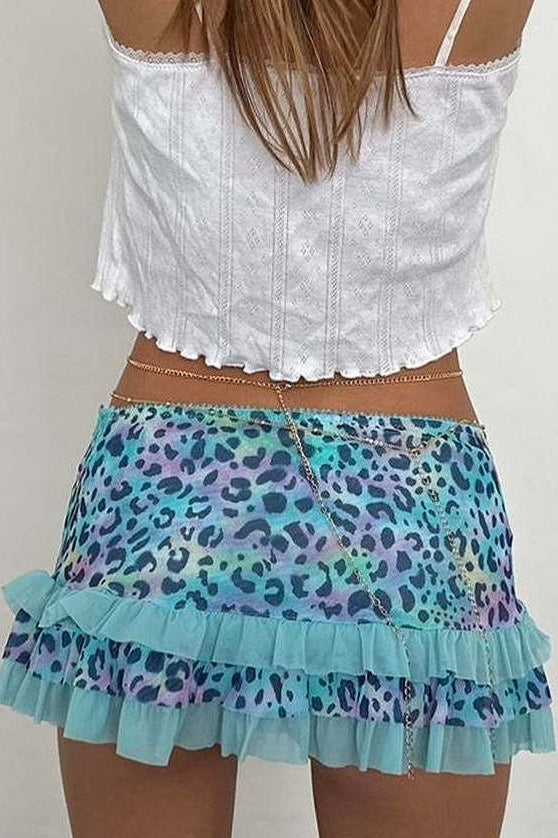 Ruched Lace Color Block Leopard Skirt - Image 7