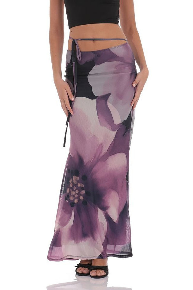Mesh Floral Tie Bodycon Maxi Skirt - Image 5