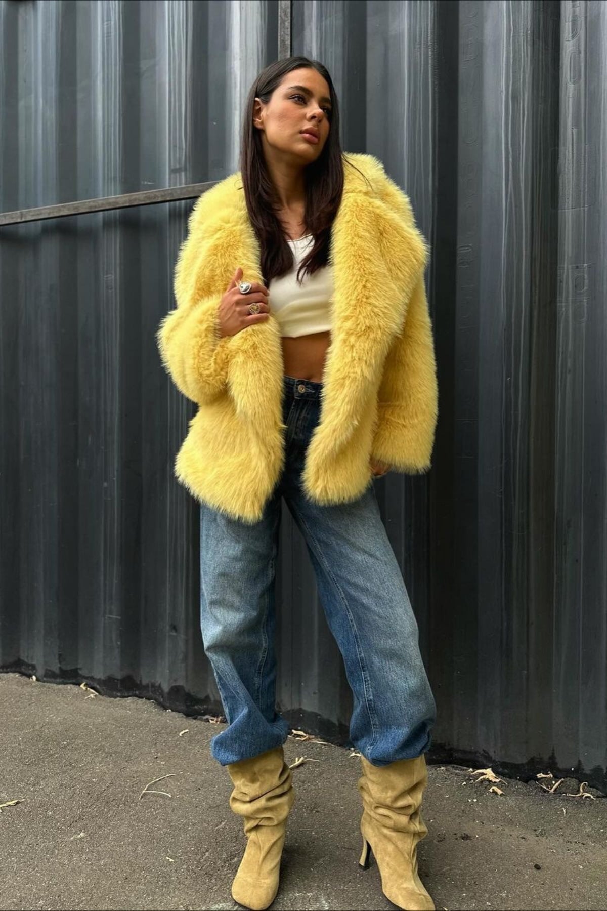 Yellow Faux Fur Open Front Coat - Image 5