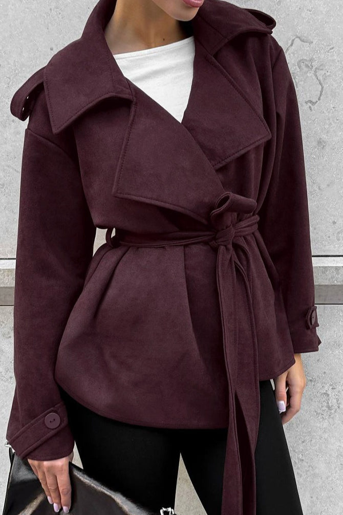Suede Solid Tie Waist Thickened Warm Coat - Image 5