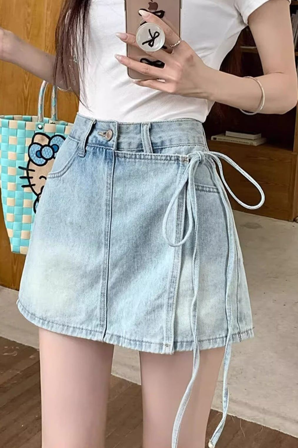 High Waist Denim Skort A Line Bodycon Mini Skirt - Image 2