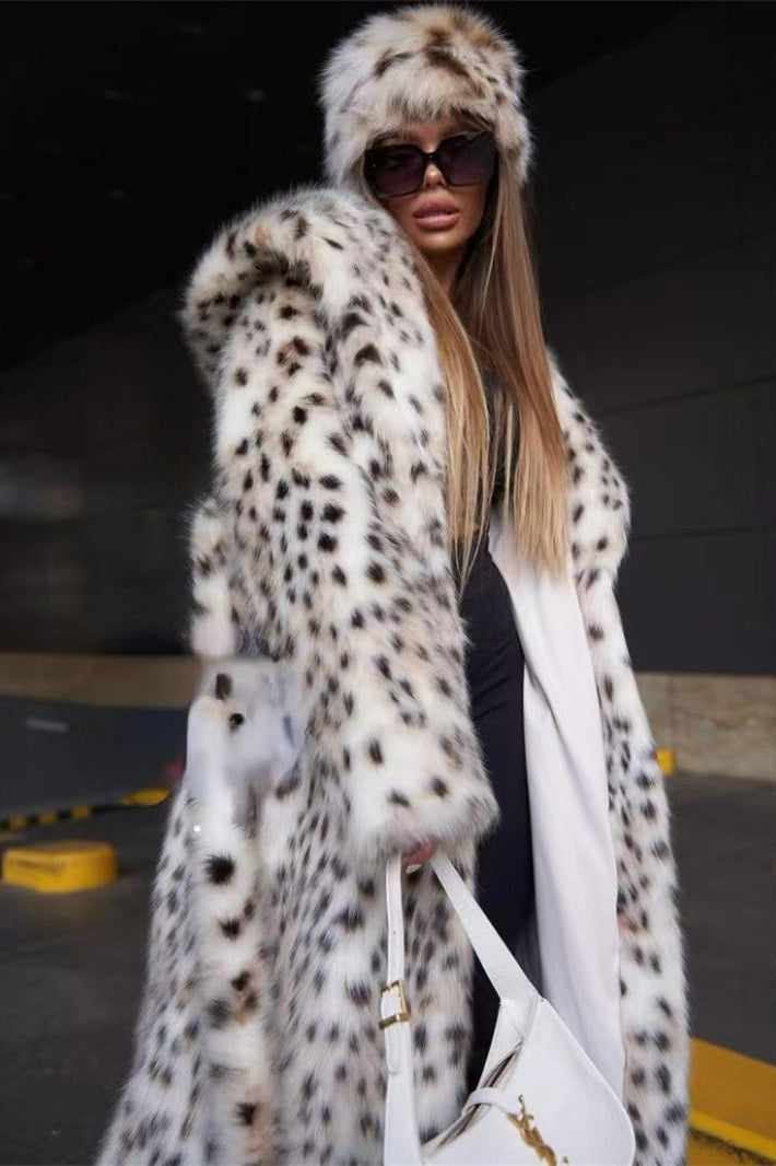 Faux Fur Leopard Print Hooded Long Coat - Image 3