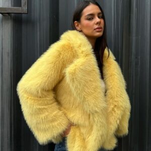 Yellow Faux Fur Open Front Coat