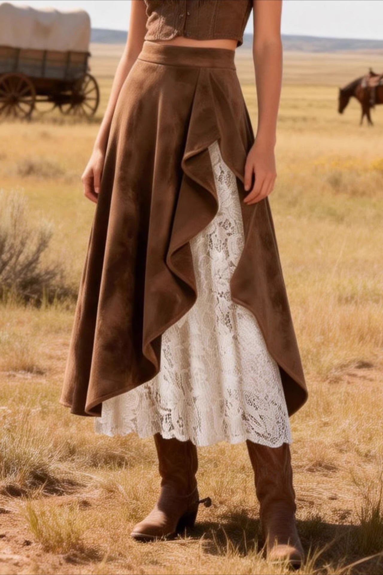 Vintage Suede Lace Panel Midi Skirt