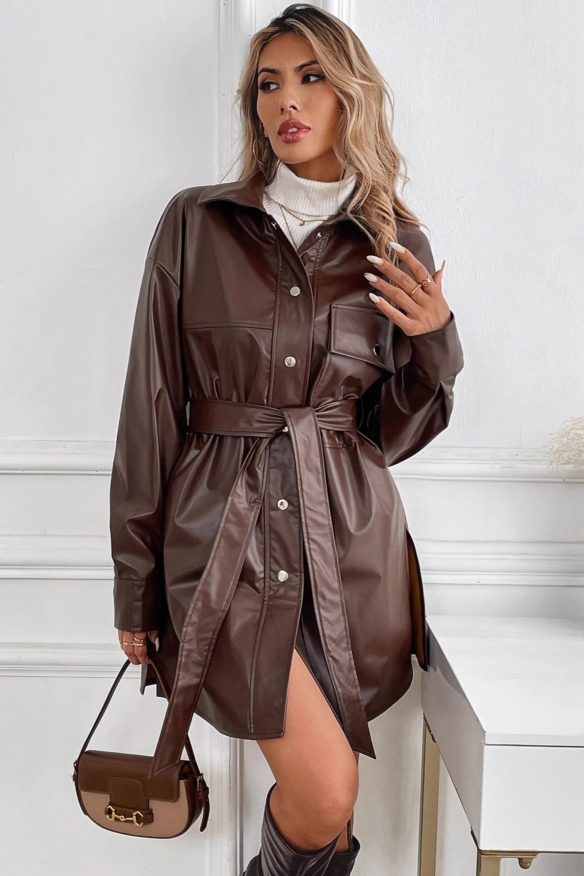 Mid-Length Windproof PU Belted Coat - Image 2