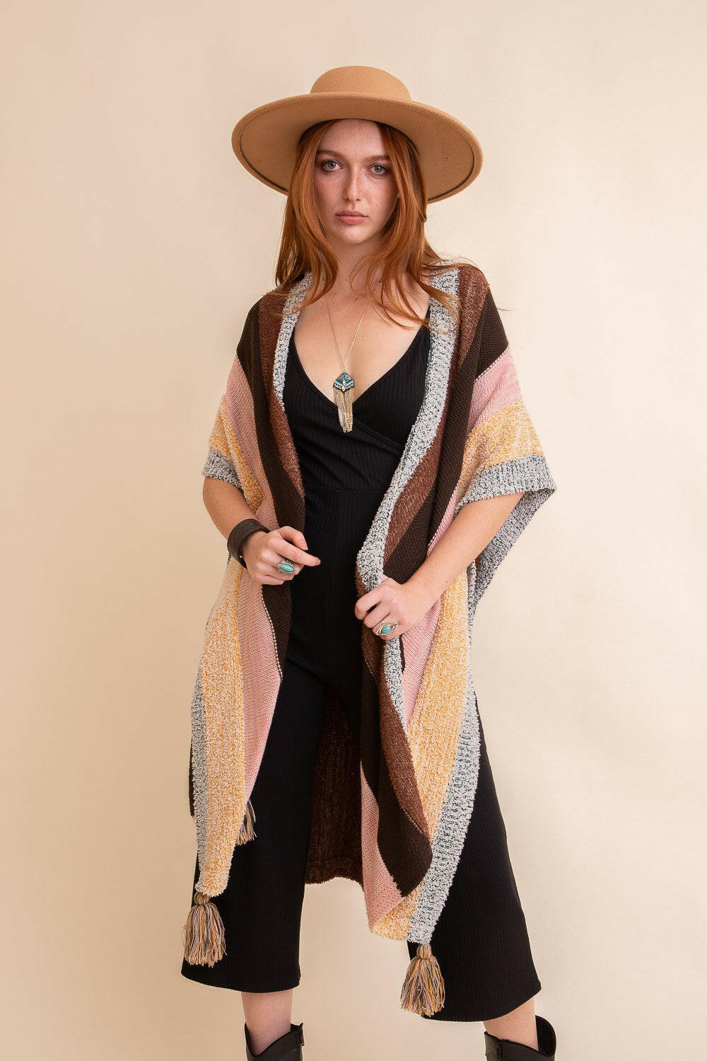 Multi-color Striped Pattern Ruana with Tassels - Image 7