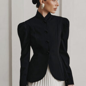 French Elegant Stand Collar Puff Sleeve Blazer