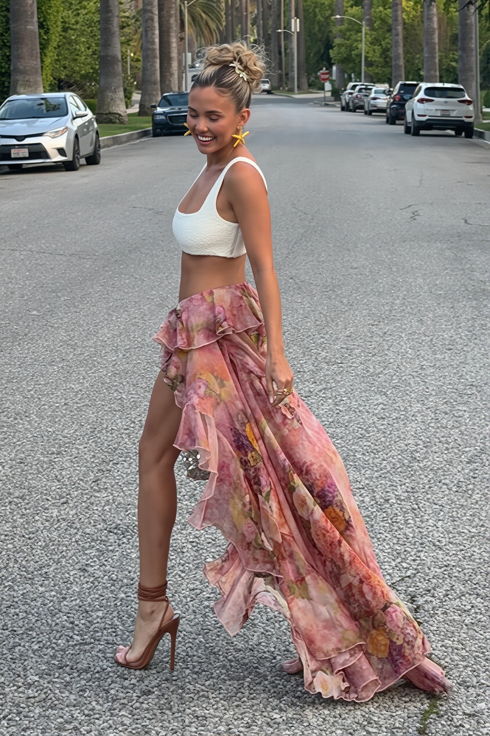 Chic Floral Print Double Ruffle Asymmetric Skirt - Image 3