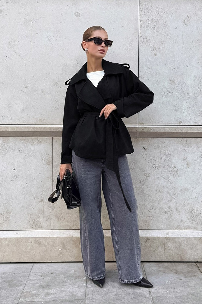 Suede Solid Tie Waist Thickened Warm Coat - Image 3