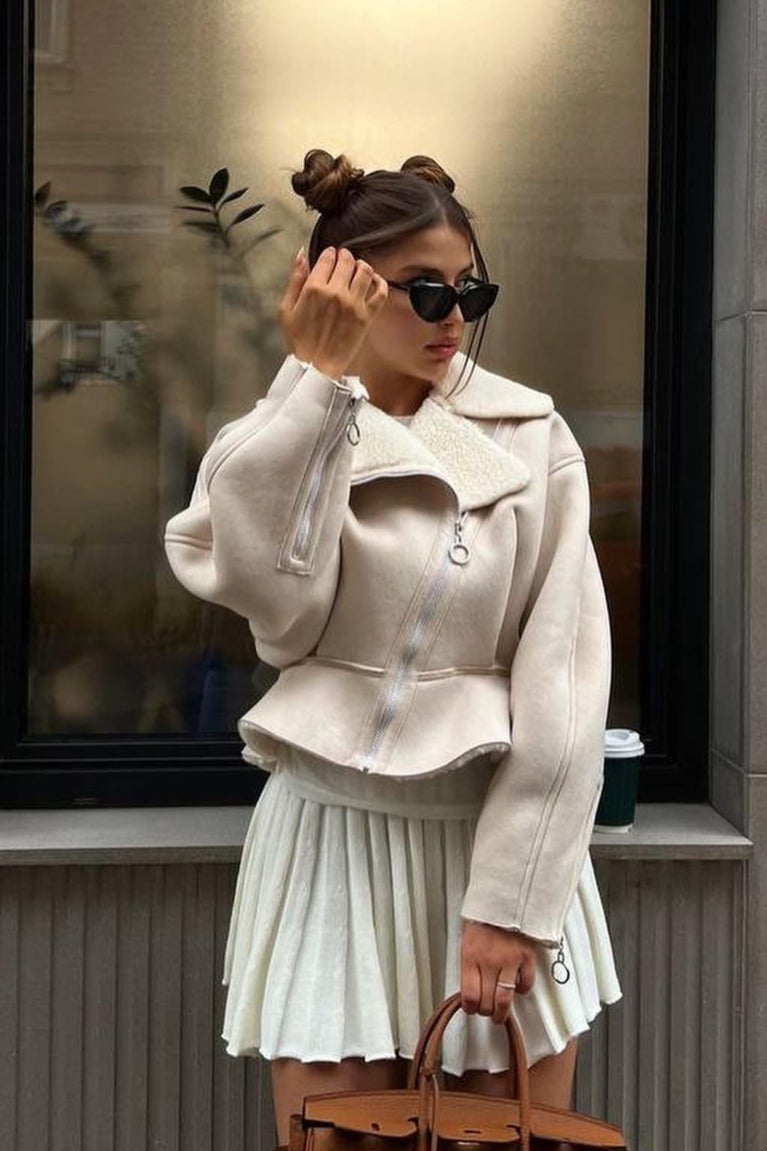 Chic Odd Zip Leather Fur Pieced Coat - Image 9