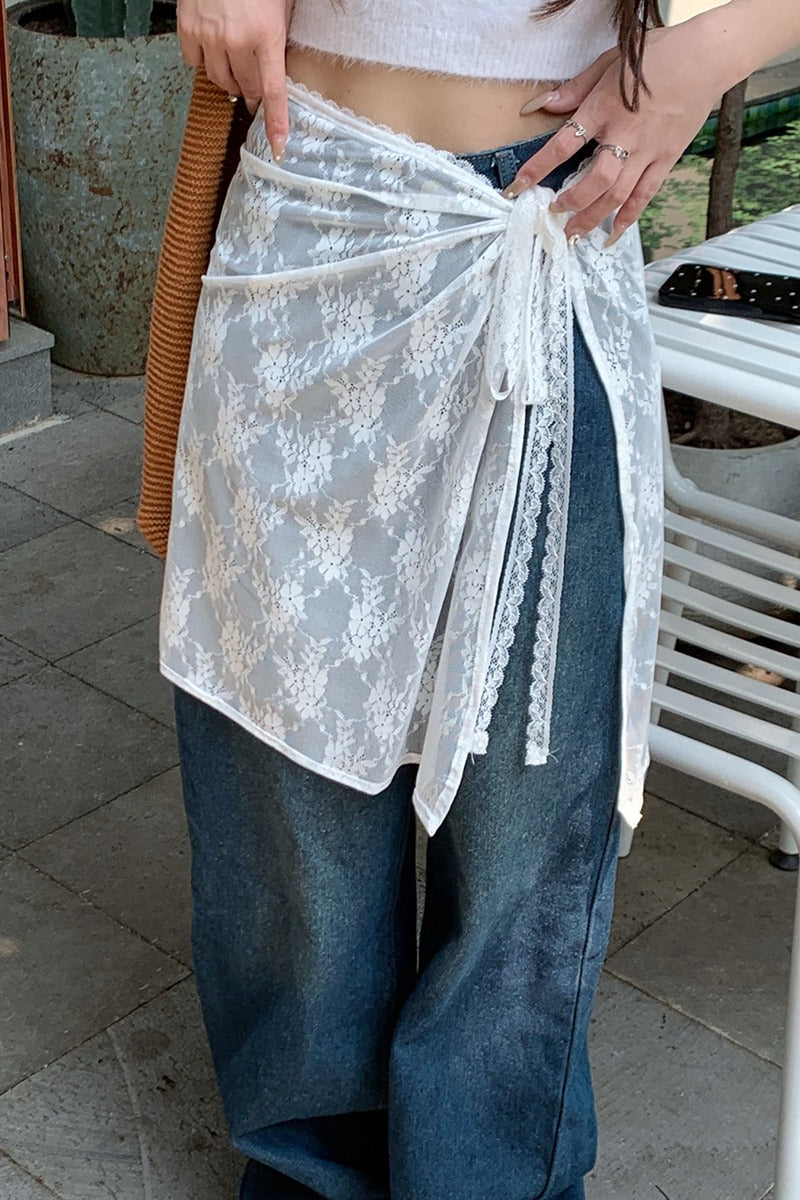 White Lace Apron Skirt with Tie Versatile Half Skirt - Image 2