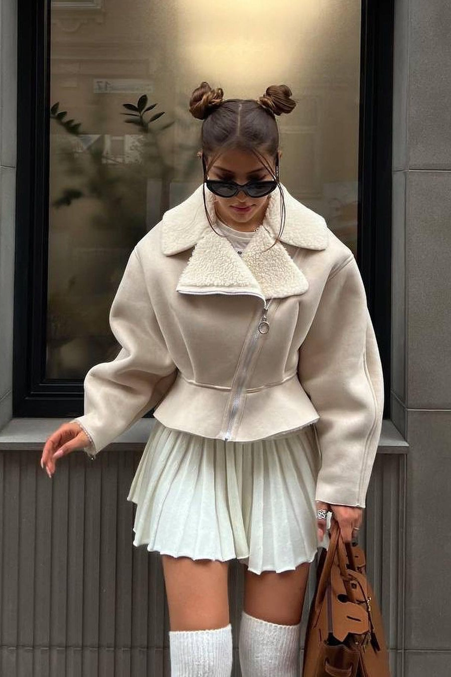 Chic Odd Zip Leather Fur Pieced Coat - Image 6