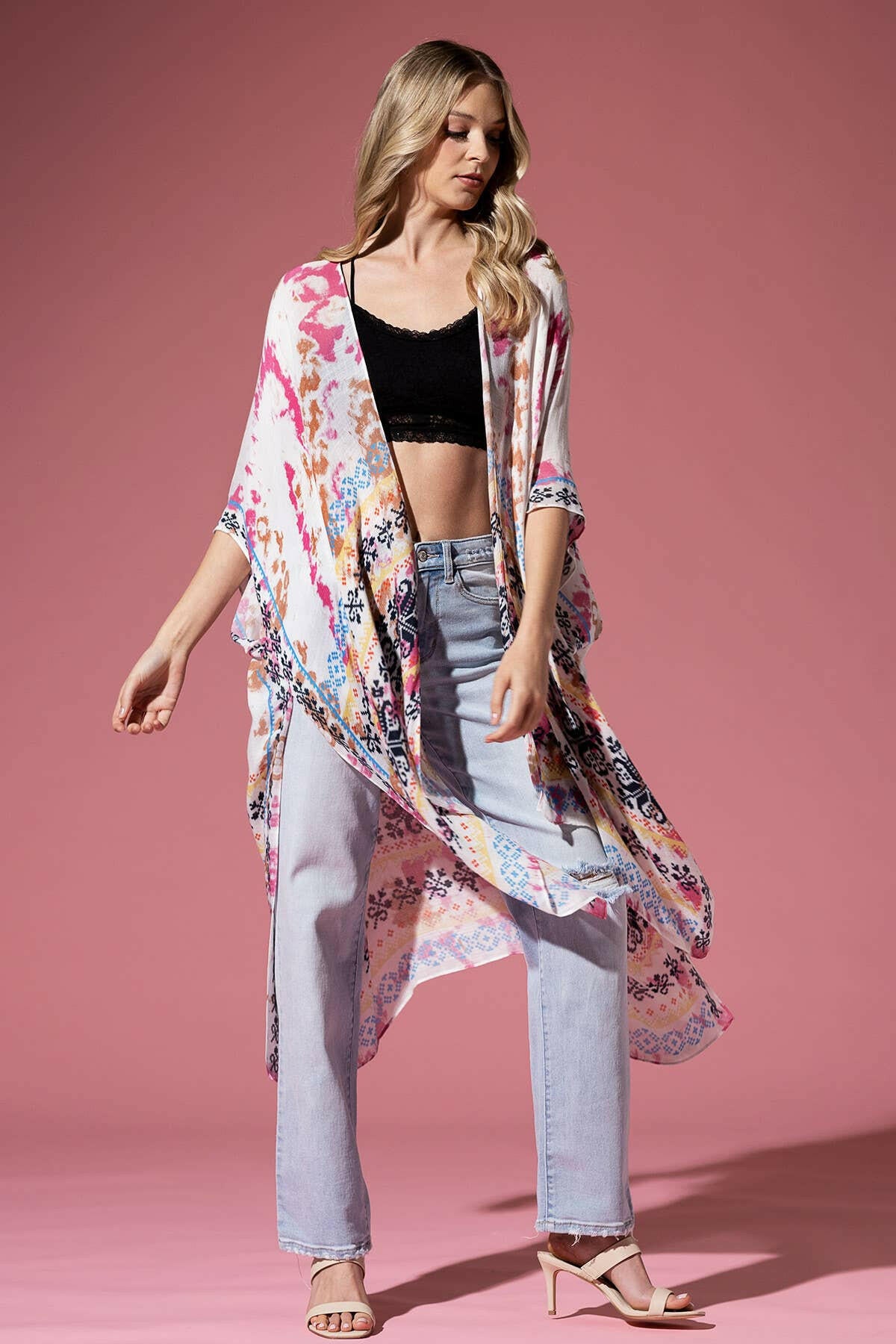 Tie Dye with Ethnic Border Motif Kimono - Image 3