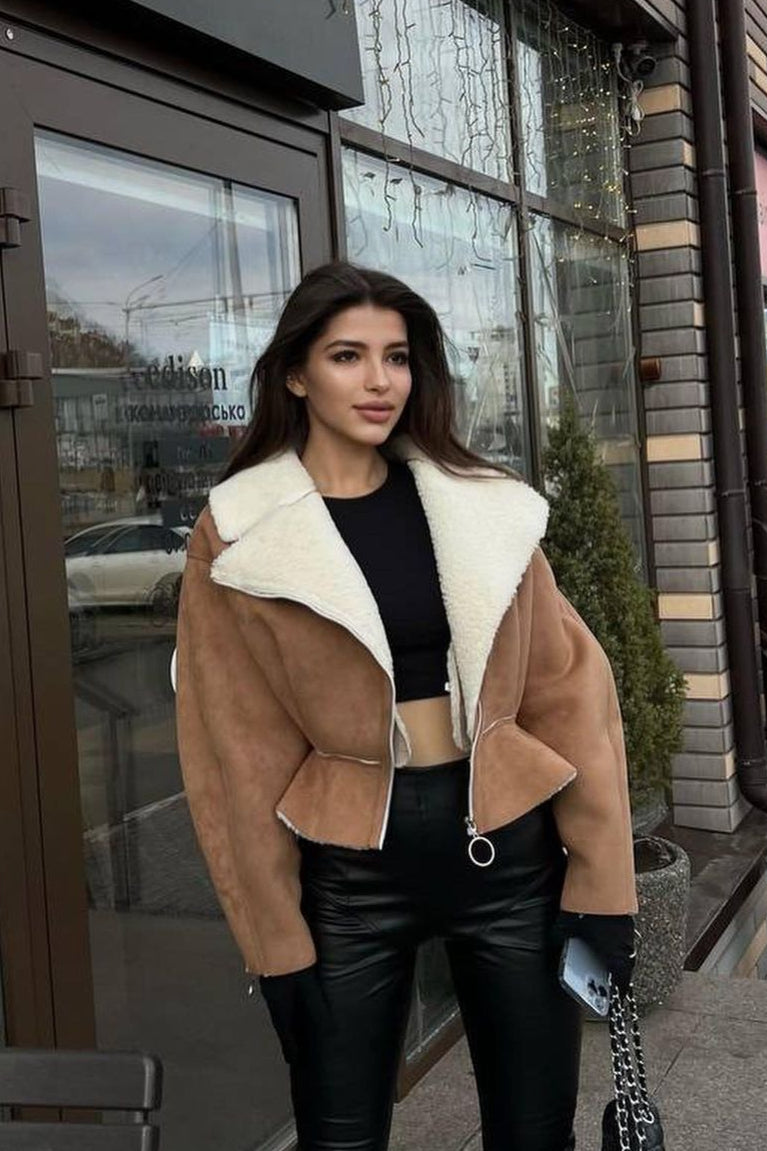 Chic Odd Zip Leather Fur Pieced Coat - Image 2
