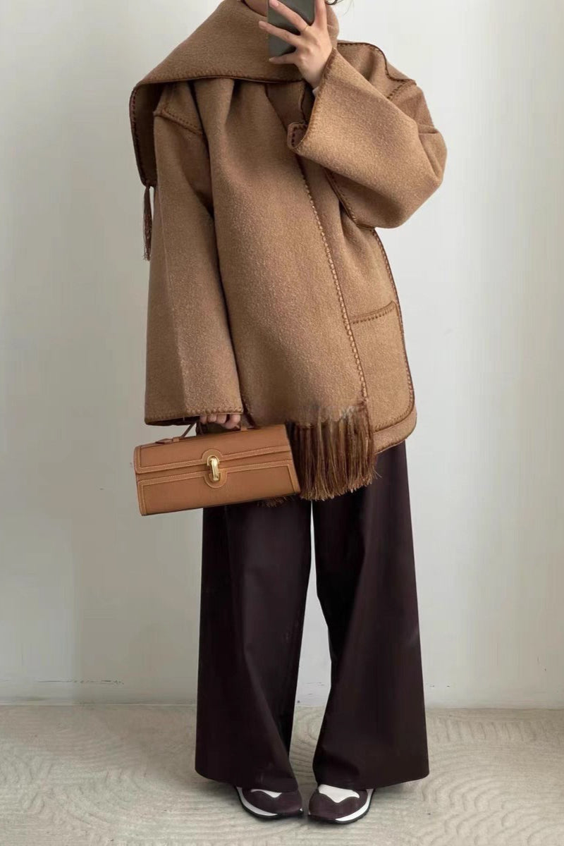 Scarf Collar Tassel Solid Wool Embroidered Coat - Image 2