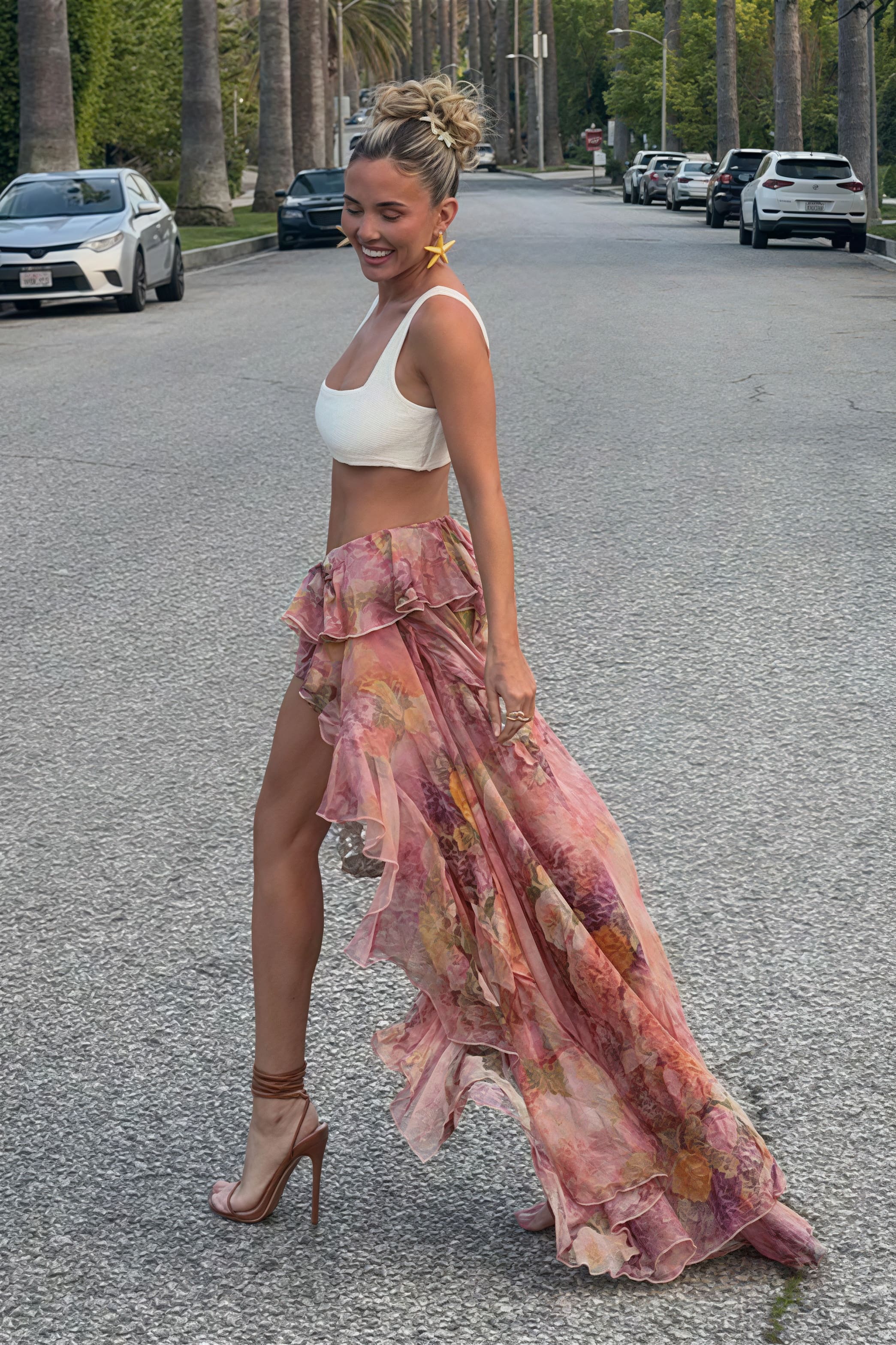 Floral Ruffled Asymmetrical Layered Skirt - Image 2