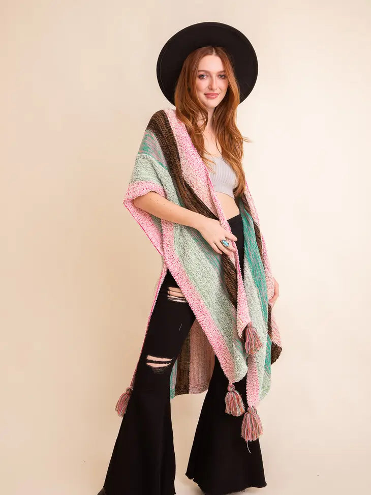 Multi-color Striped Pattern Ruana with Tassels - Image 3