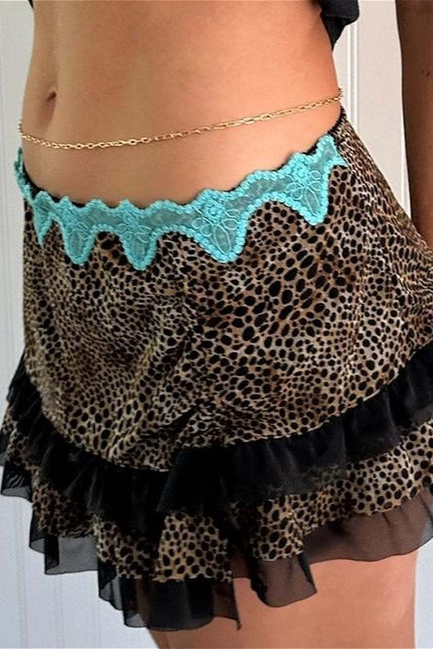 Ruched Lace Color Block Leopard Skirt - Image 13