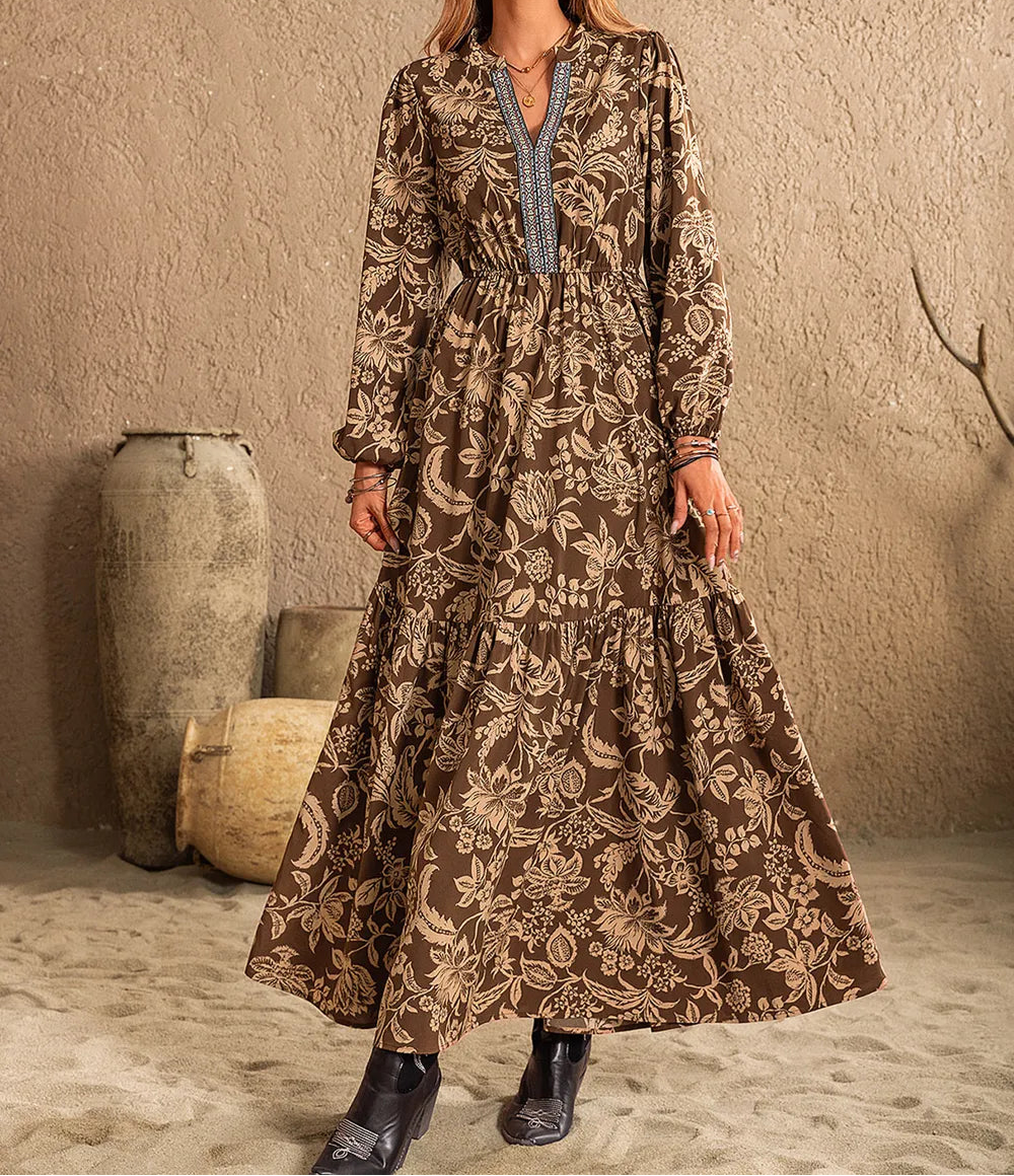 Ruched Notched Long Sleeve Printed Maxi Dress - Image 3