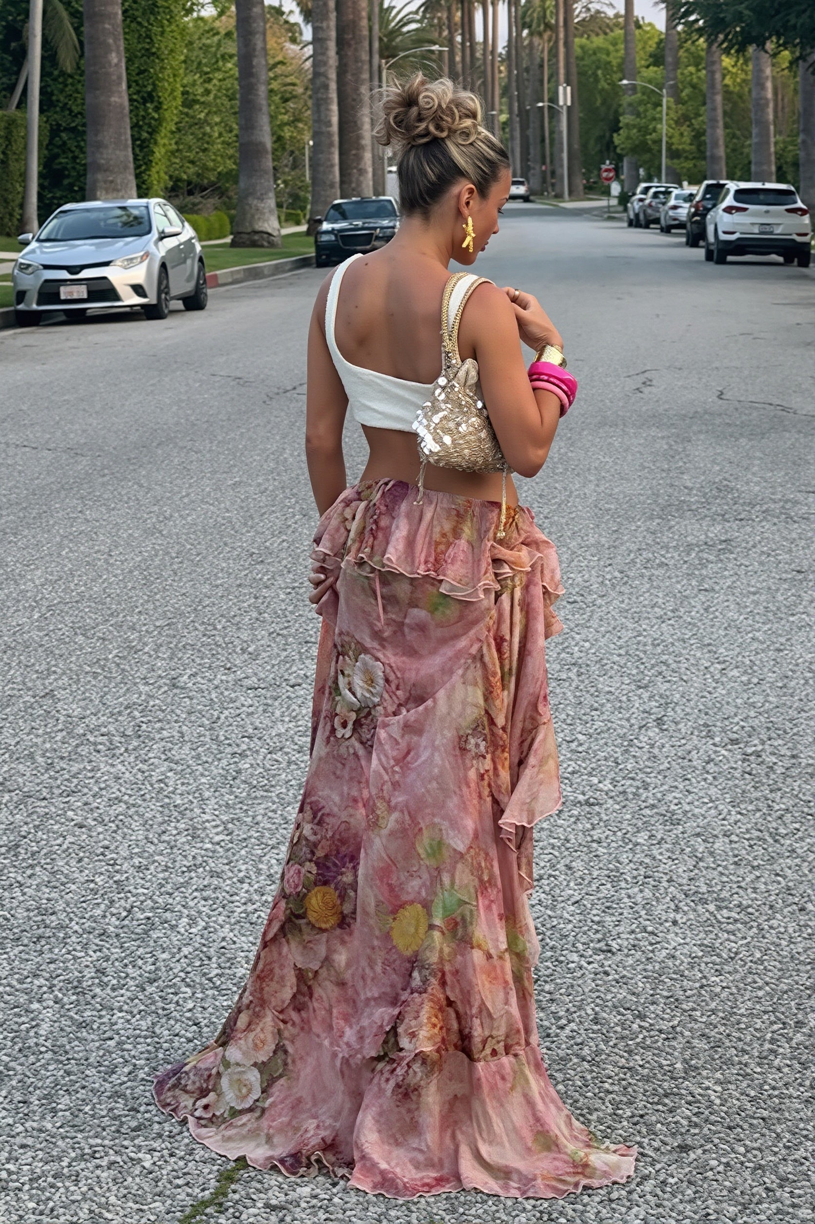 Chic Floral Print Double Ruffle Asymmetric Skirt - Image 4