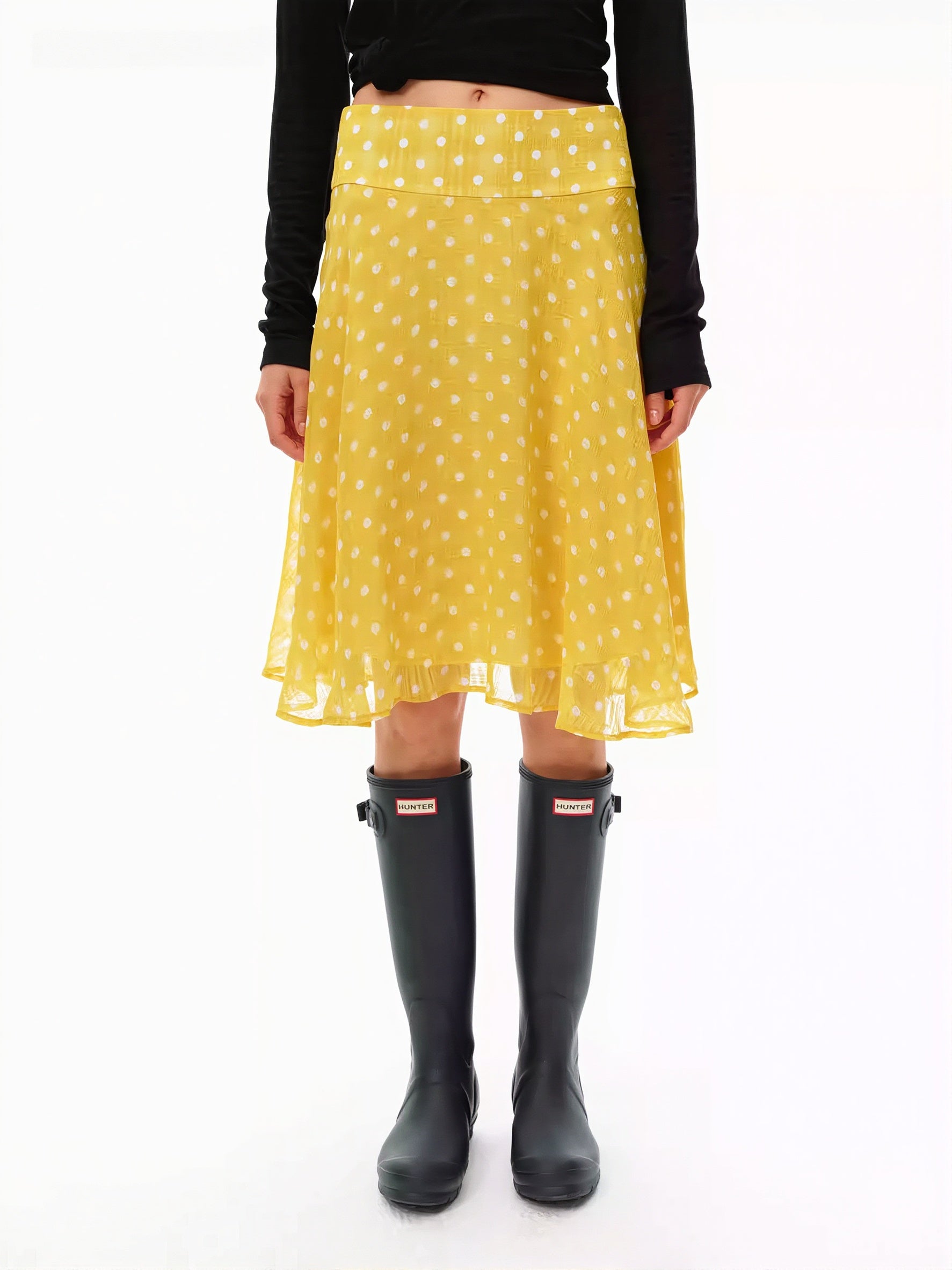 Sweet Yellow Polka Dot Draped Midi Skirt - Image 2