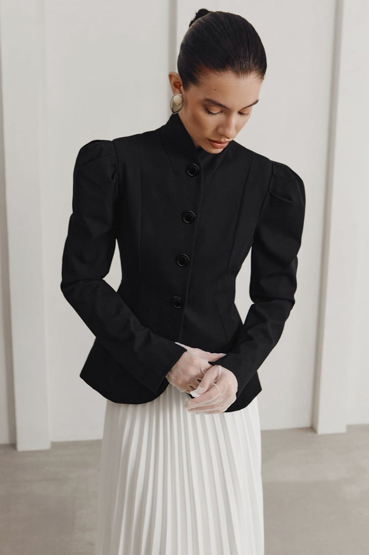 French Elegant Stand Collar Puff Sleeve Blazer - Image 6