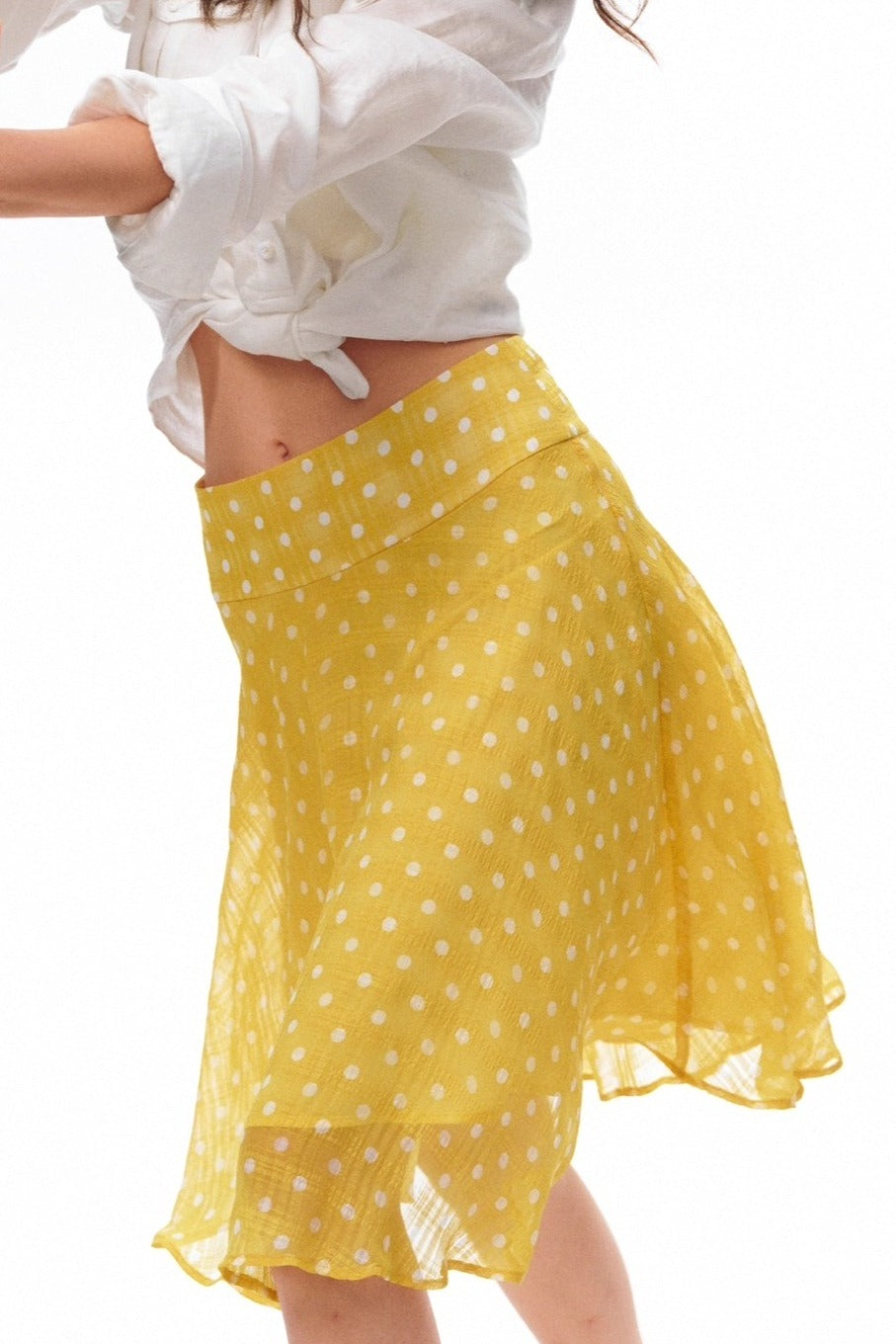 Sweet Yellow Polka Dot Draped Midi Skirt - Image 4