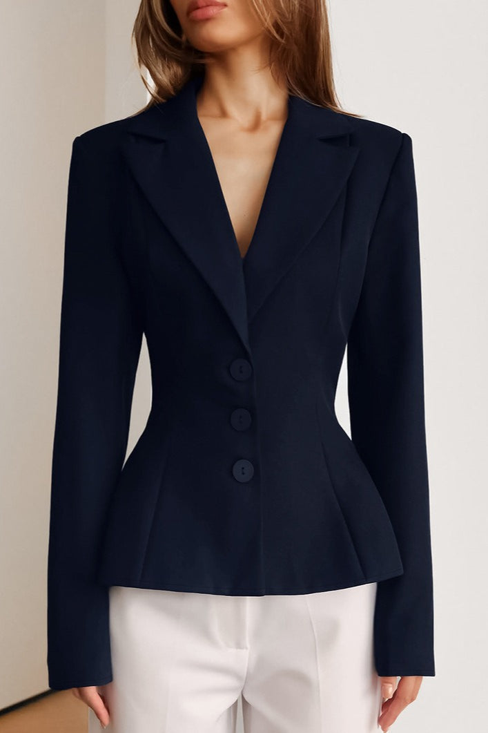 Fitted Waist V-Neck Padded Shoulder Long Sleeve Blazer - Image 5