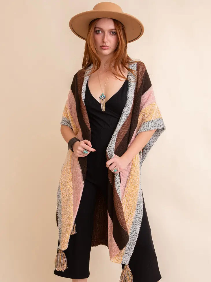 Multi-color Striped Pattern Ruana with Tassels - Image 6
