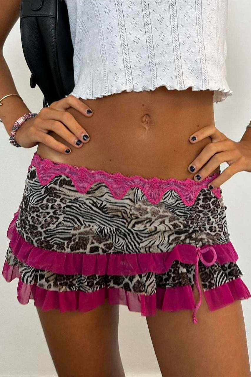 Ruched Lace Color Block Leopard Skirt - Image 8
