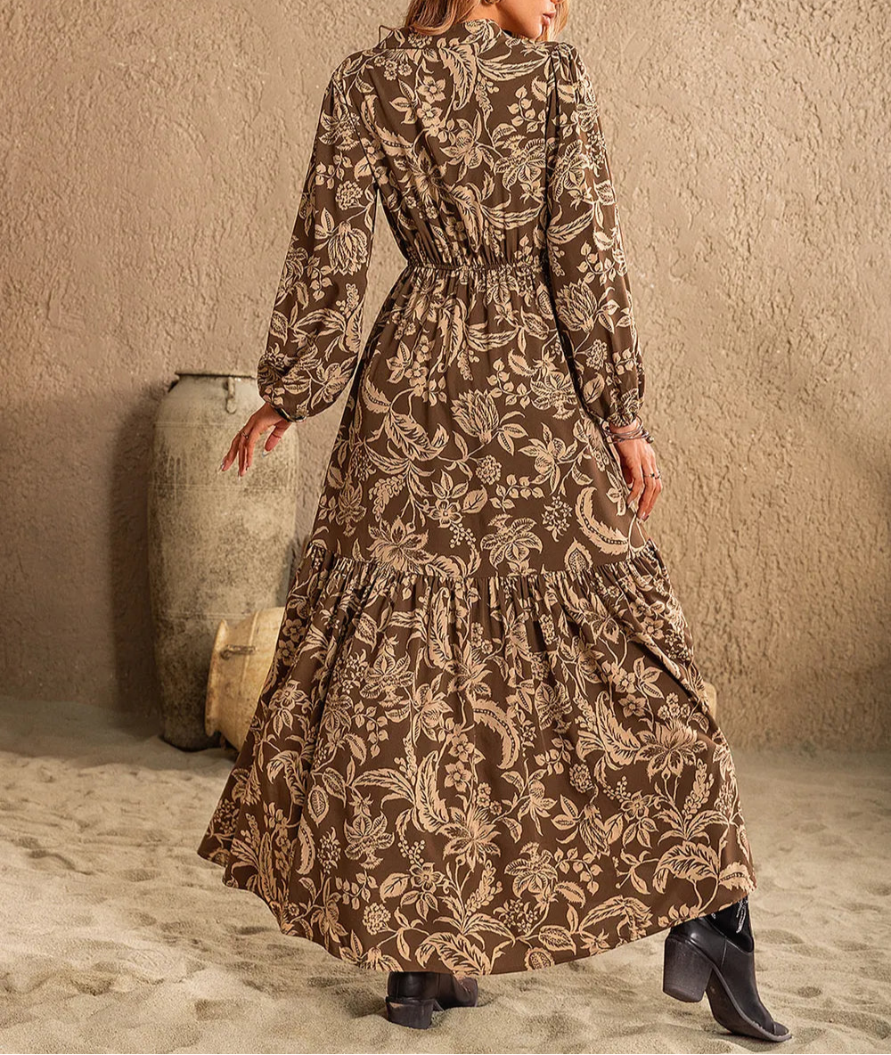 Ruched Notched Long Sleeve Printed Maxi Dress - Image 2