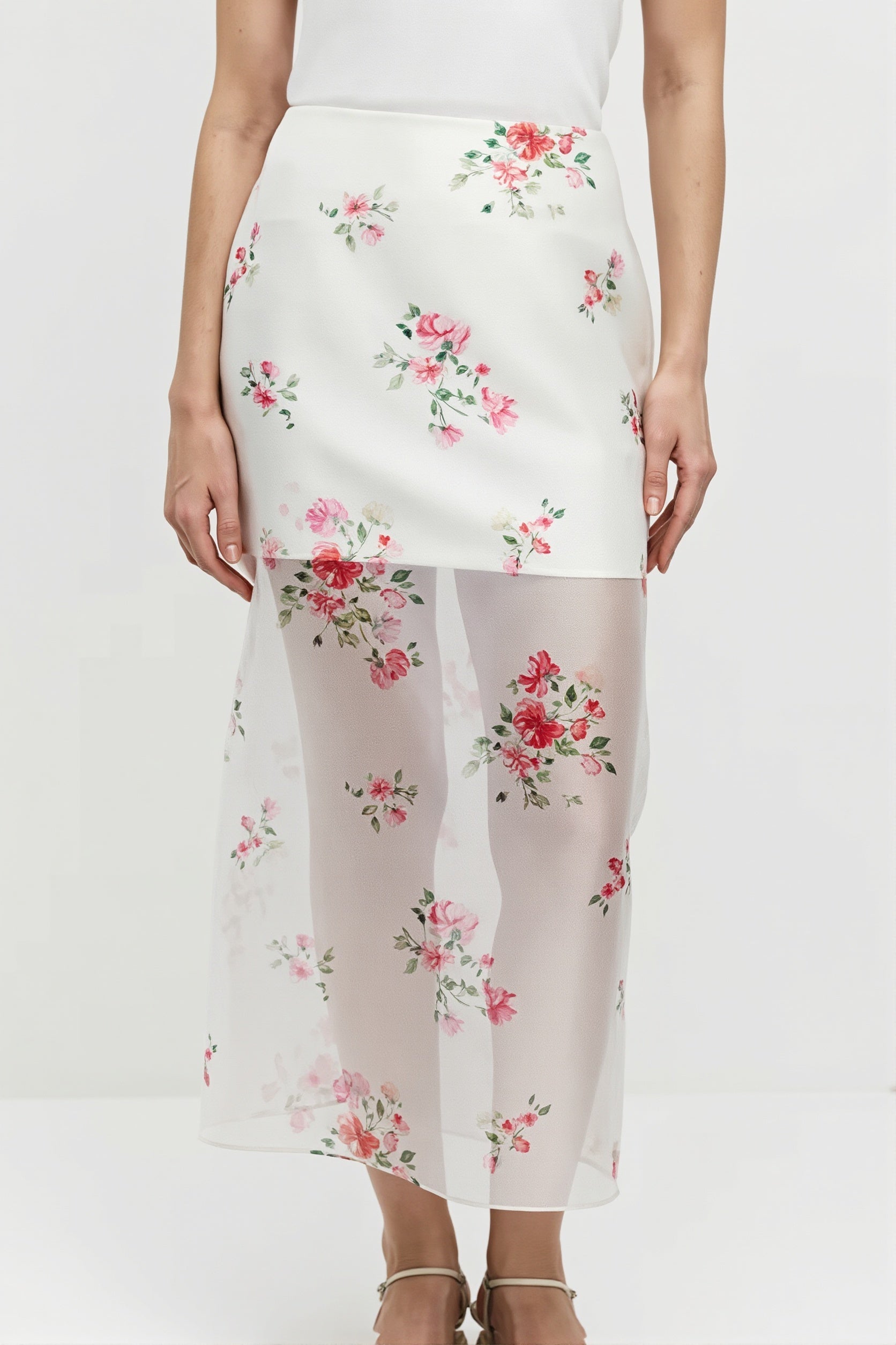 Elegant Floral See Through Split Skirt - Image 2