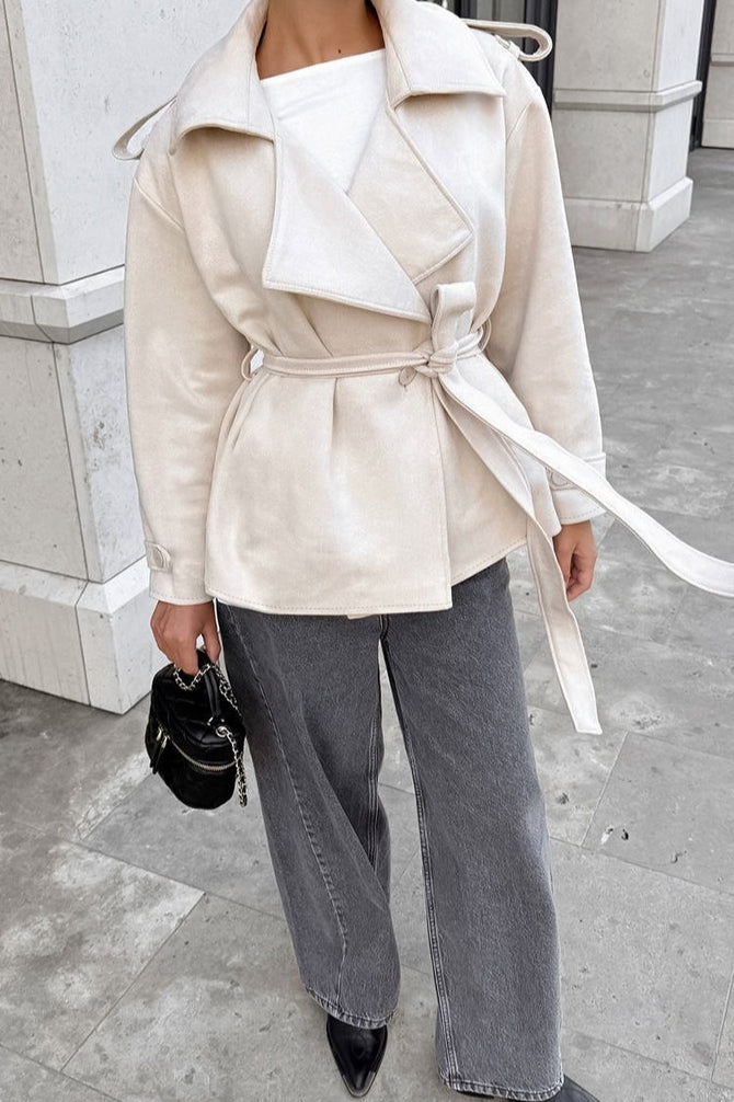 Suede Solid Tie Waist Thickened Warm Coat - Image 9