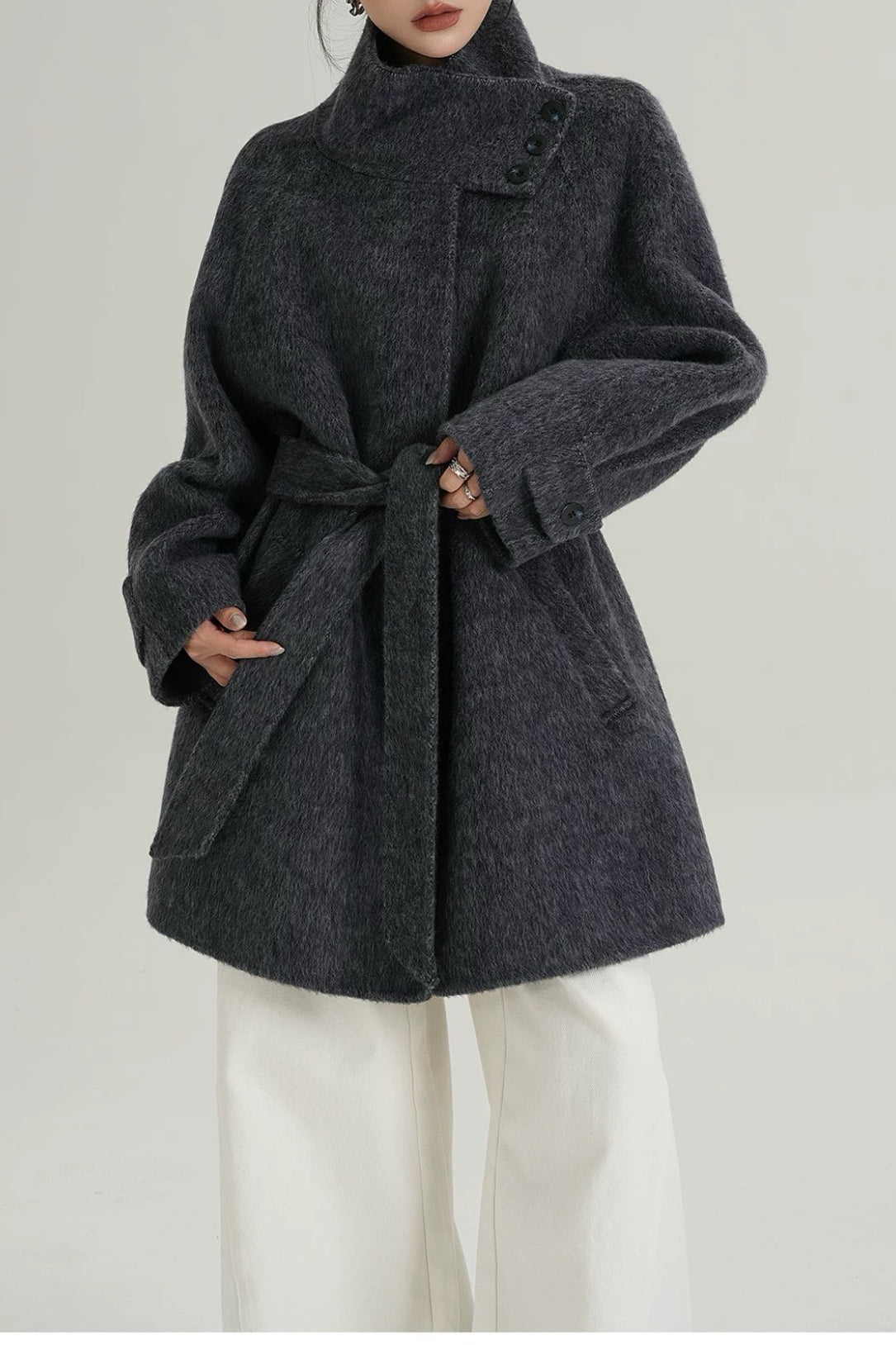 Chic Solid Wool Warm Loose Mock-neck Coat - Image 3