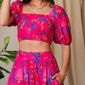 Swiss Dot Smocked Bodice Puff Sleeve Crop Top