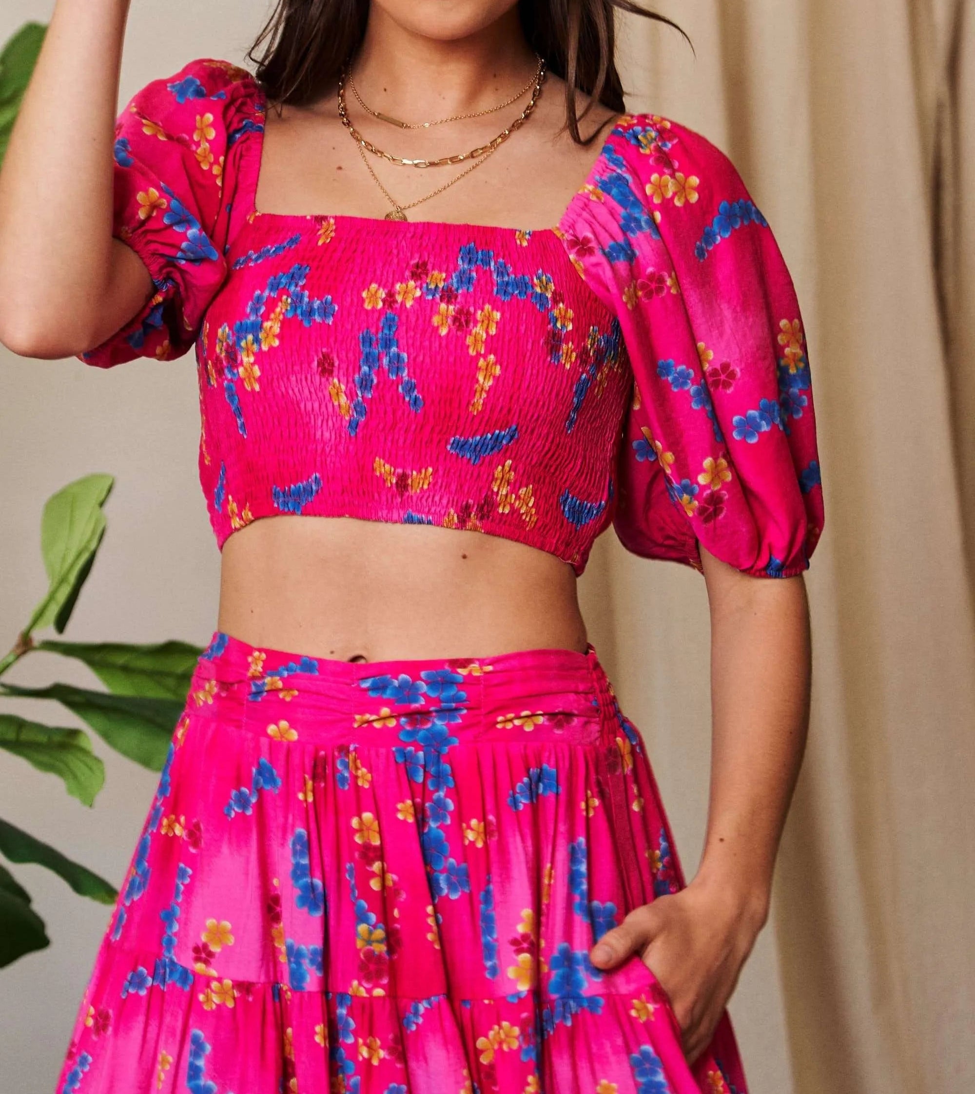 Swiss Dot Smocked Bodice Puff Sleeve Crop Top