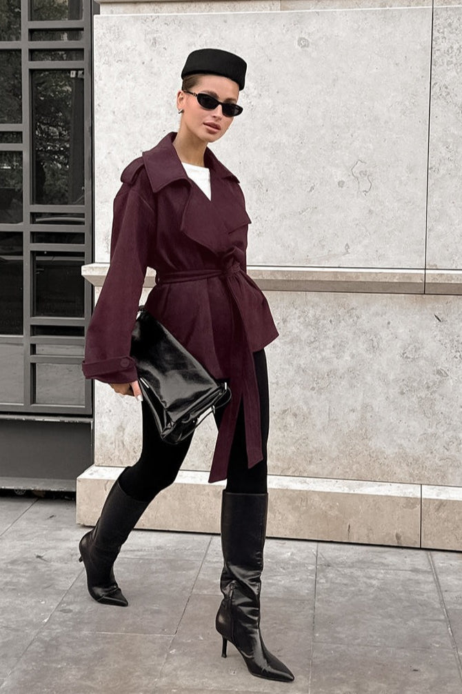 Suede Solid Tie Waist Thickened Warm Coat - Image 6