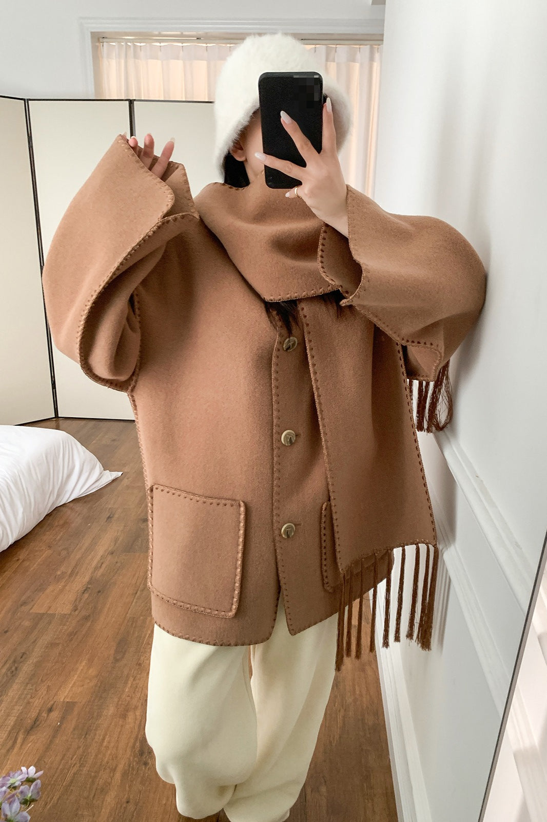 Scarf Collar Tassel Solid Wool Embroidered Coat - Image 4