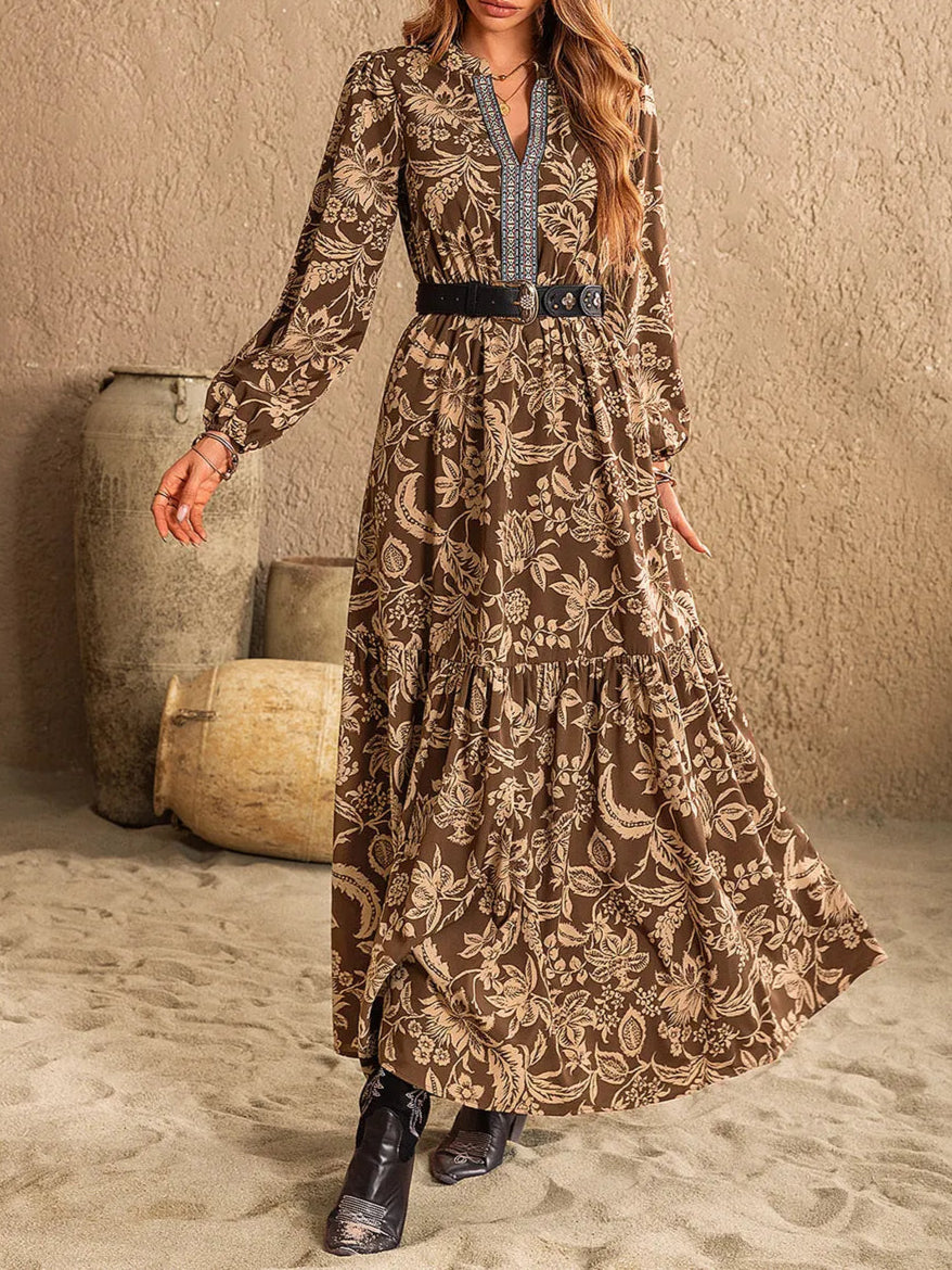 Ruched Notched Long Sleeve Printed Maxi Dress - Image 5