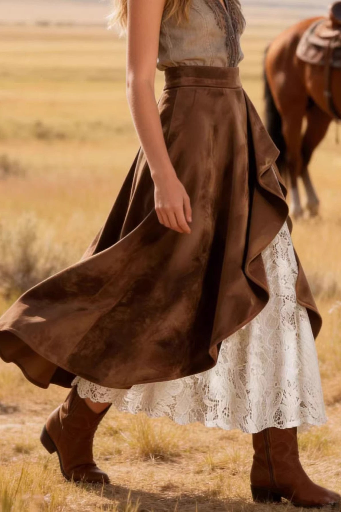 Vintage Suede Lace Panel Midi Skirt - Image 3
