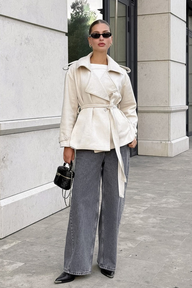 Suede Solid Tie Waist Thickened Warm Coat - Image 8