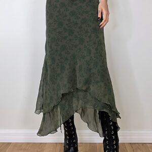 Floral Green Chiffon Irregular Maxi Skirt