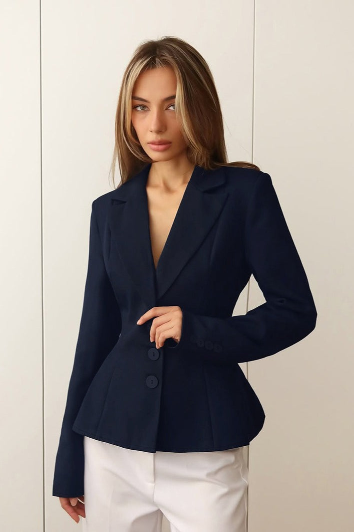 Fitted Waist V-Neck Padded Shoulder Long Sleeve Blazer - Image 3