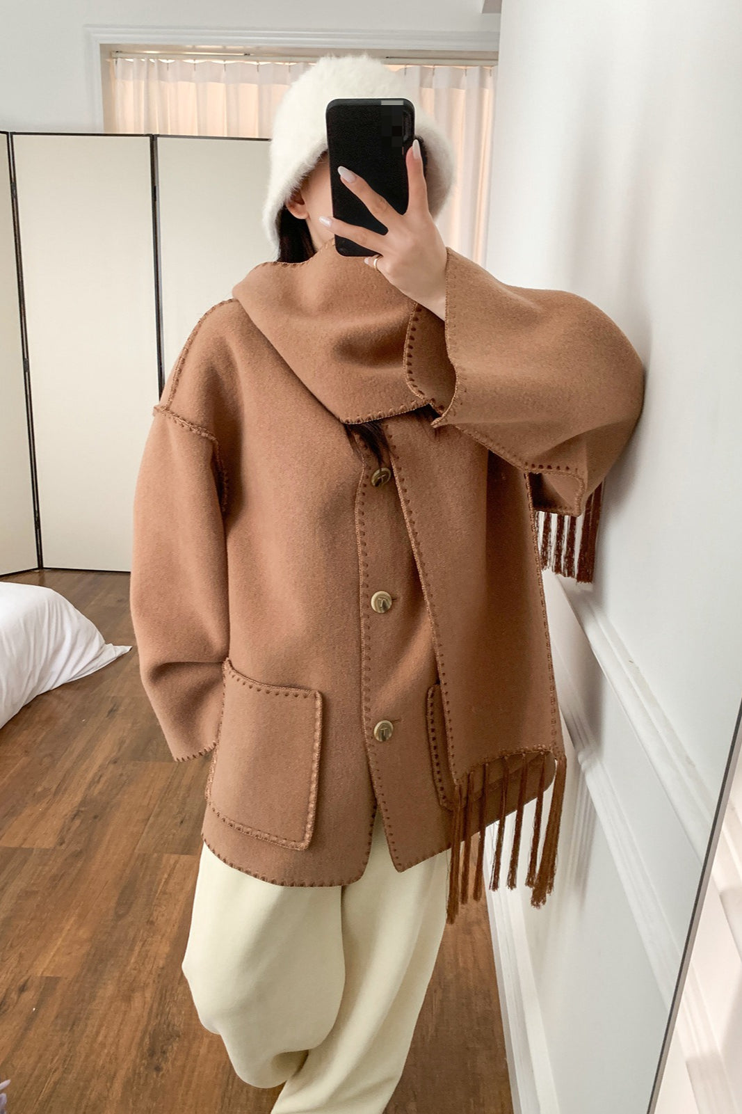 Scarf Collar Tassel Solid Wool Embroidered Coat - Image 5