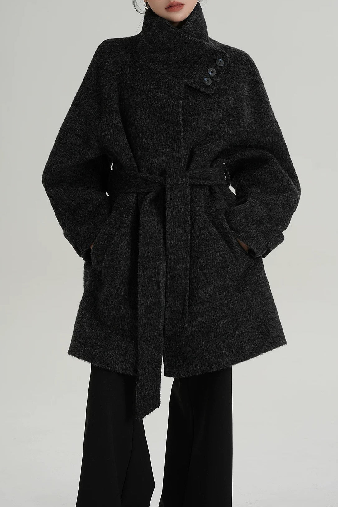 Chic Solid Wool Warm Loose Mock-neck Coat - Image 11