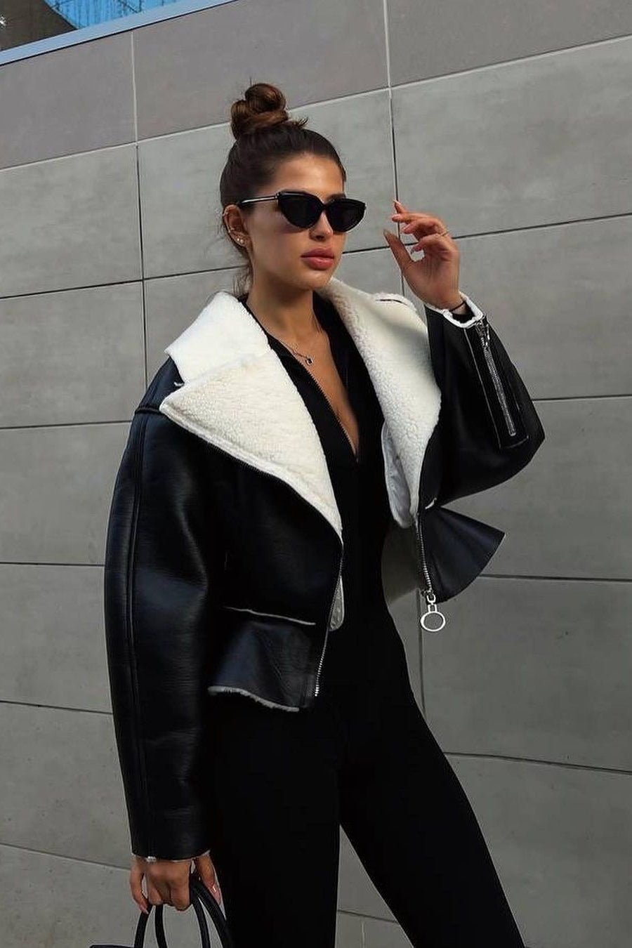 Chic Odd Zip Leather Fur Pieced Coat - Image 11
