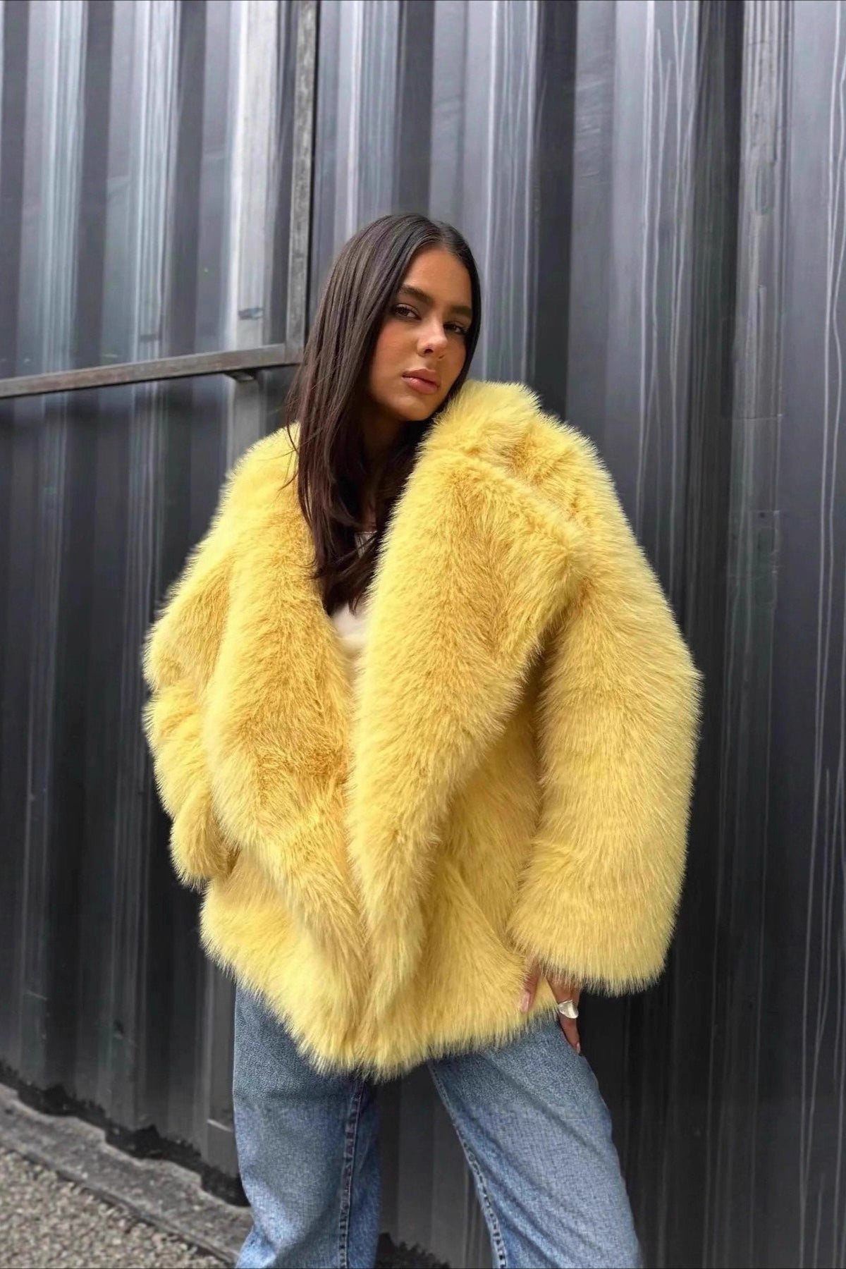 Yellow Faux Fur Open Front Coat - Image 2